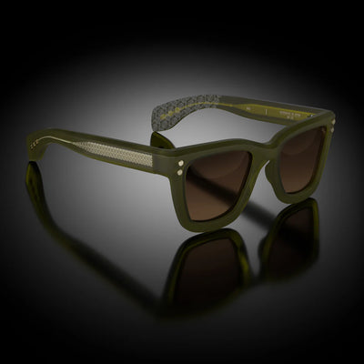 Hoorsenbuhs Model I Sunglasses, Matte Army Green Frame with 24k Gold Trim/Hardware and Brown Gradient Lenses.  Handmade in Japan.  