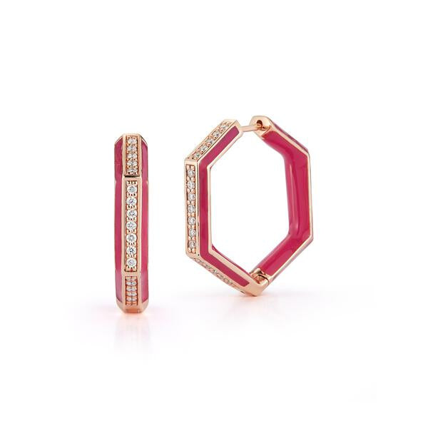 Diamond and Pink Enamel Hexagonal Hoops