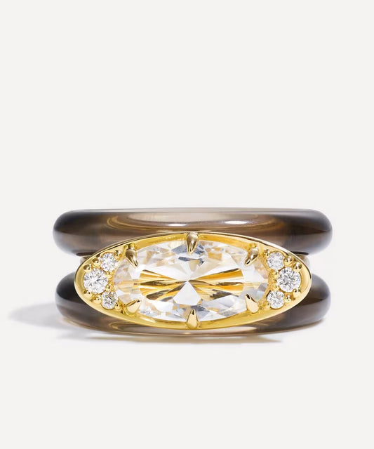 Ellipse Ring Stack - White Topaz Smokey Quartz