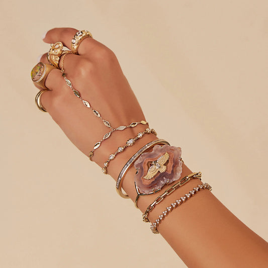 1 Diamond + Hammered Marquise Finger Bracelet