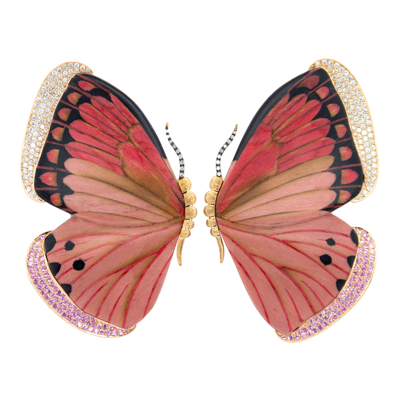 Marquetry Pink Butterfly Earrings, Diamonds and Pink Sapphire