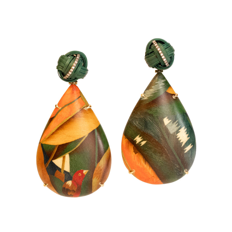 Red Bird and Green Bamboo Marquetry Earrings