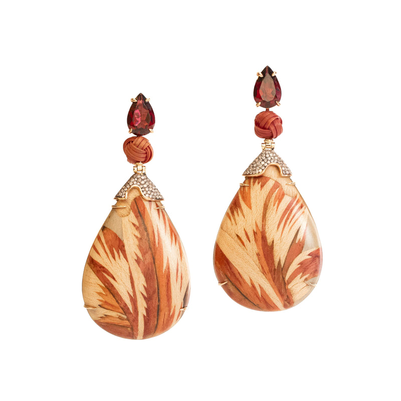 Marquetry, Garnet and Pink Bamboo Tear Drop Earrings