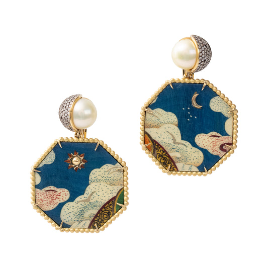 Octagonal Marquetry Earrings with Tibetan Sky Print