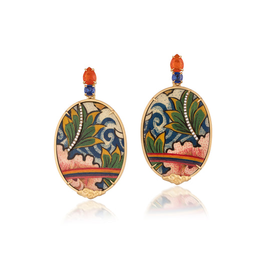 Marquetry Earrings with Diamond, Kyanite, and Fire Opal