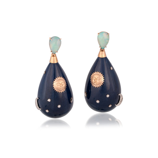 Teardrop Marquetry Earrings with Diamond and White Opal