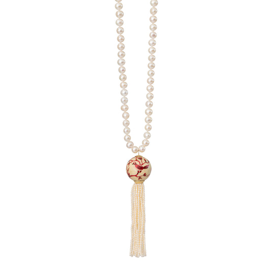 Marquetry Ball Necklace with Red Bird Print