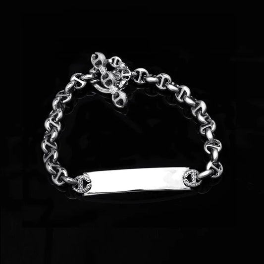 5mm Open Link Monogram Plate Bracelet with Diamonds in White Gold
