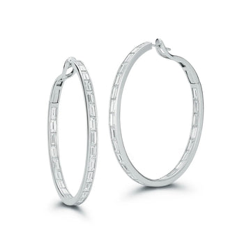 18k White Gold and Baguette Diamond Hoop Earring