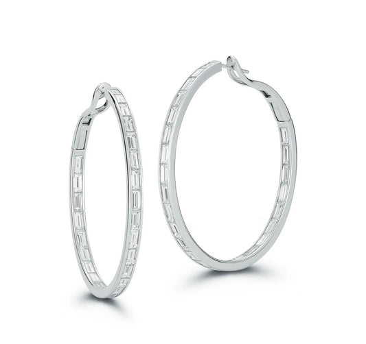 18k White Gold and Baguette Diamond Hoop Earring