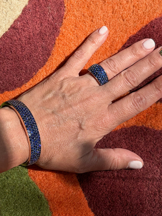 All Pave Blue Sapphire Bombe Hinged Bangle Bracelet