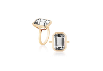 'Manhattan' Rock Crystal Emerald Cut Bezel Set Plain Gold Ring