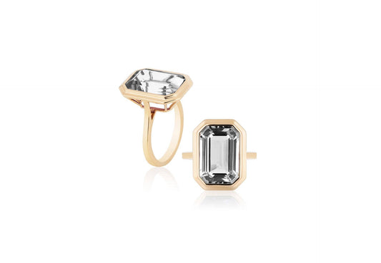 'Manhattan' Rock Crystal Emerald Cut Bezel Set Plain Gold Ring