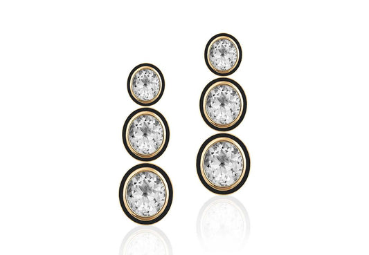 'Melange' 3 Tier Oval Shape Rock Crystal and Onyx Earring