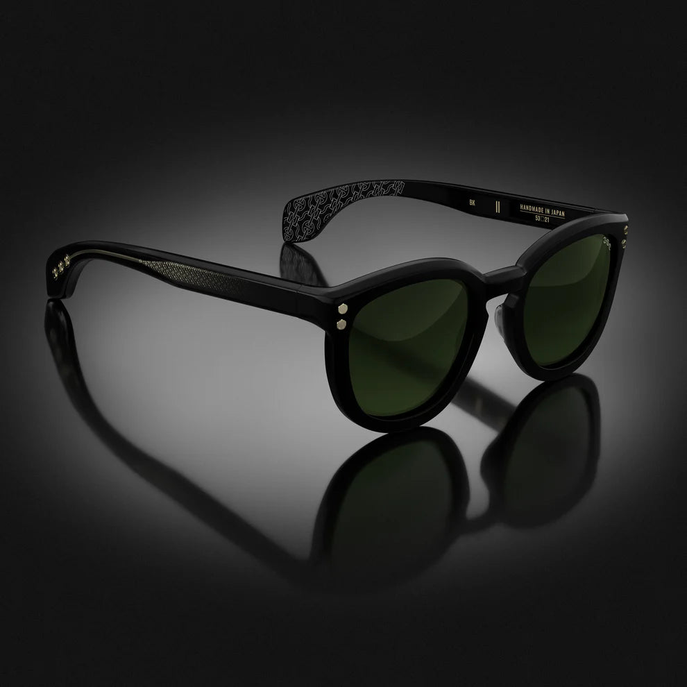 Hoorsenbuhs Model II Sunglasses, Black Frame with Vintage Green Lens and 24K Gold Trim Hardware  Vintage Green Lens Handmade in Japan