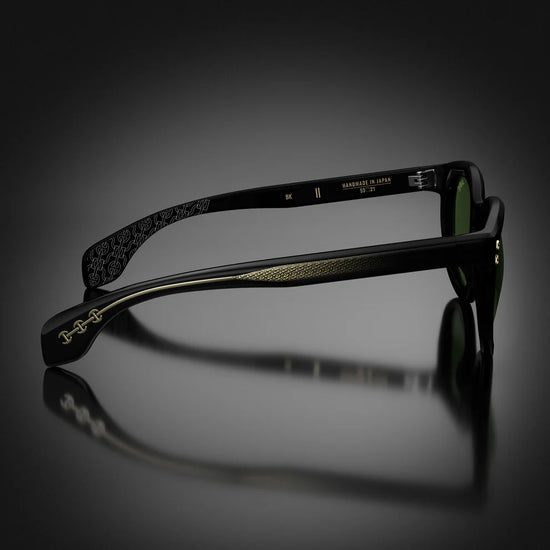 Hoorsenbuhs Model II Sunglasses, Black Frame with Vintage Green Lens and 24K Gold Trim Hardware  Vintage Green Lens Handmade in Japan