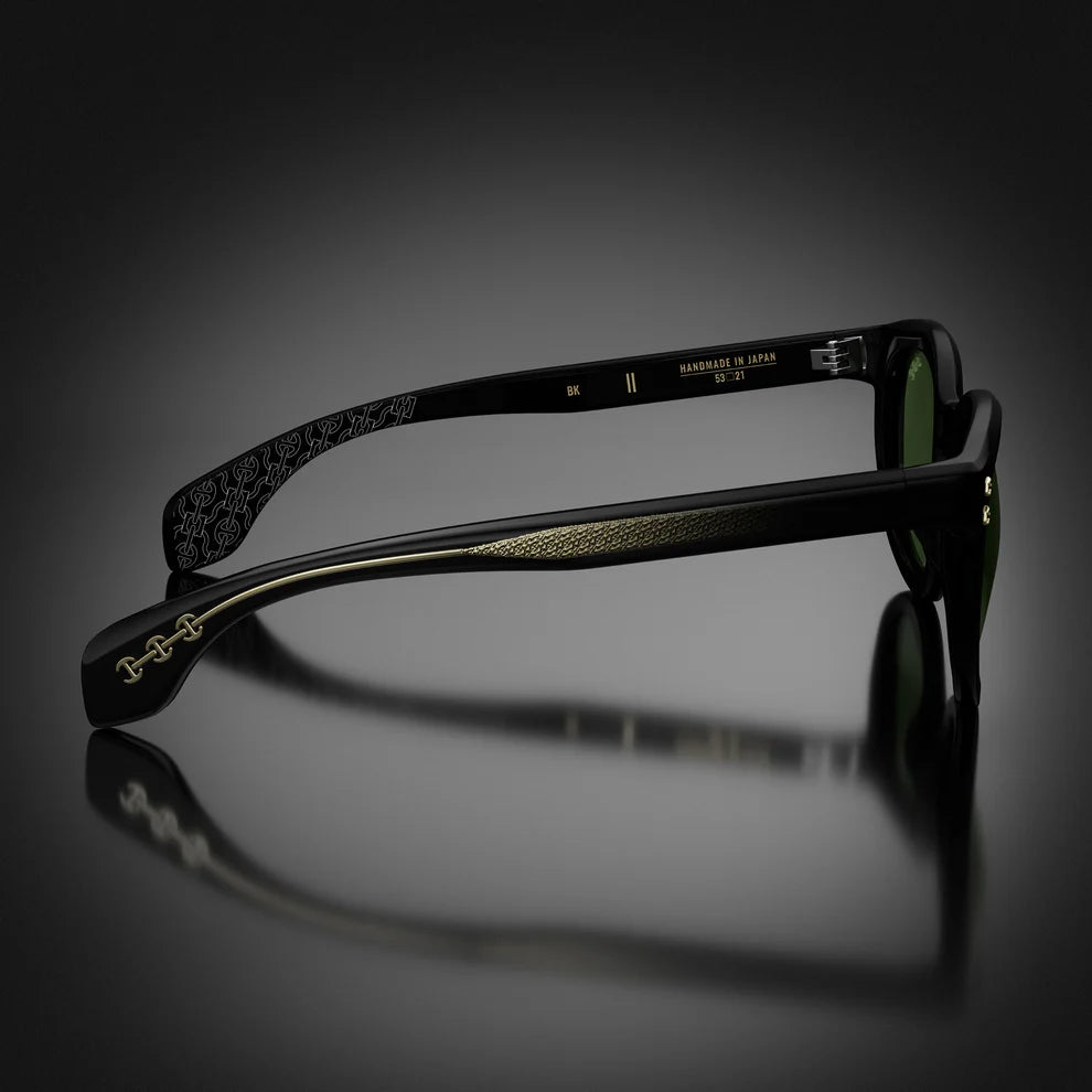 Hoorsenbuhs Model II Sunglasses, Black Frame with Vintage Green Lens and 24K Gold Trim Hardware  Vintage Green Lens Handmade in Japan