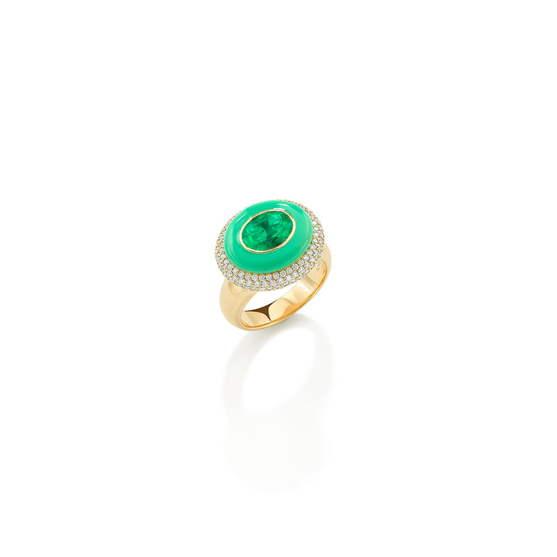 Arena Ring with Muzo Emerald, Diamonds and Green Enamel