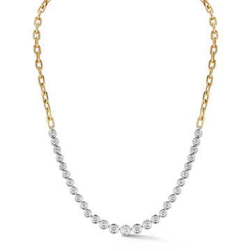 Classic 18k Yellow Gold and White Gold Bezel Set Half Diamond Half Chain Necklace