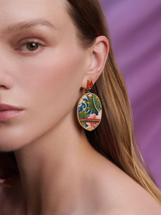 Marquetry Earrings with Diamond, Kyanite, and Fire Opal