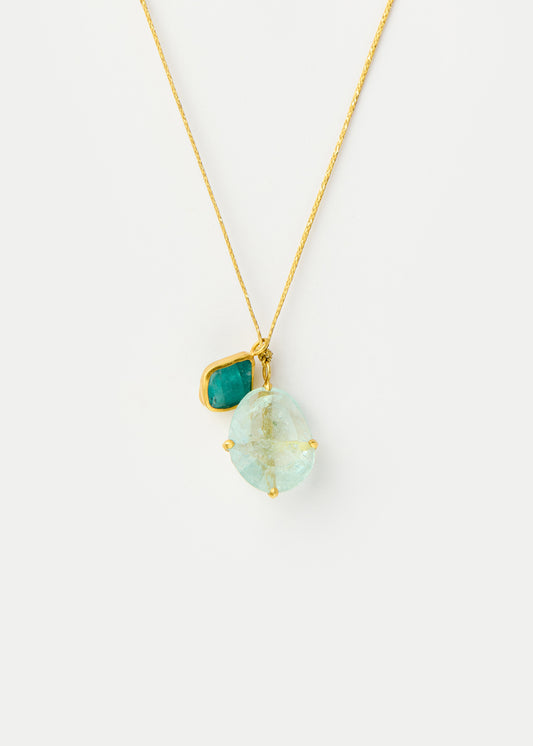 18kt Gold Double Pendant on Cord - Aquamarine, Tourmaline
