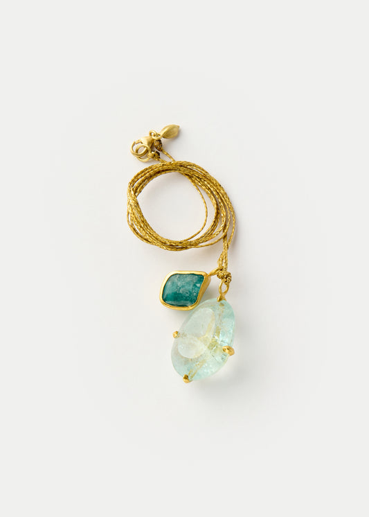 18kt Gold Double Pendant on Cord - Aquamarine, Tourmaline