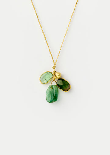 18kt Gold Triple Stone Cluster with Gold Drop - Green Tourmaline