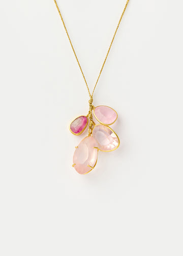 Four Stone Cluster Necklace on Cord - Rose Quartz, Morganite, Pink Tourmaline