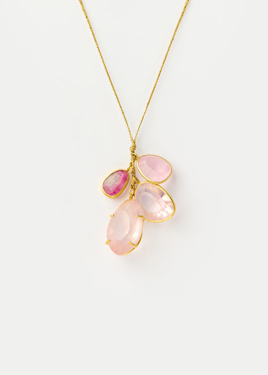 Four Stone Cluster Necklace on Cord - Rose Quartz, Morganite, Pink Tourmaline