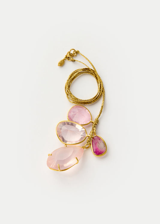Four Stone Cluster Necklace on Cord - Rose Quartz, Morganite, Pink Tourmaline