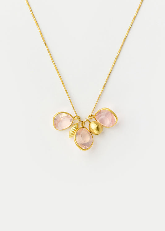 18kt Gold Cluster with Seed and Bell on Cord - Rose Quartz