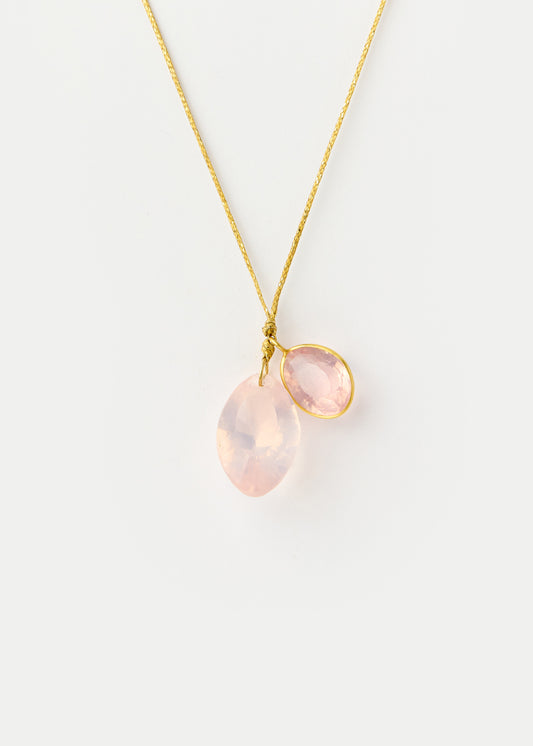 18kt Gold Double Cluster on Cord - Rose Quartz