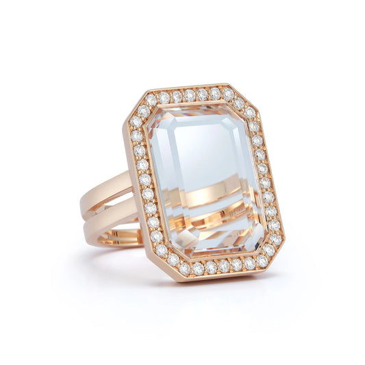 Bell 18K Rose Gold and Diamond Rectangular Rock Crystal Ring