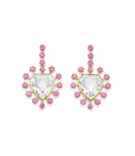 Mini Day Star Earrings with Rock Crystal and Pink Sapphire