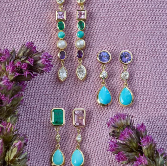 3 Drop Bezel Earrings - Amethyst, Diamond and Turquoise