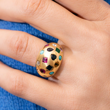 Multi Stone Dome Ring- Turquoise, Diamond, Blue Sapphire, Ruby, Pink Sapphire & Orange Sapphire