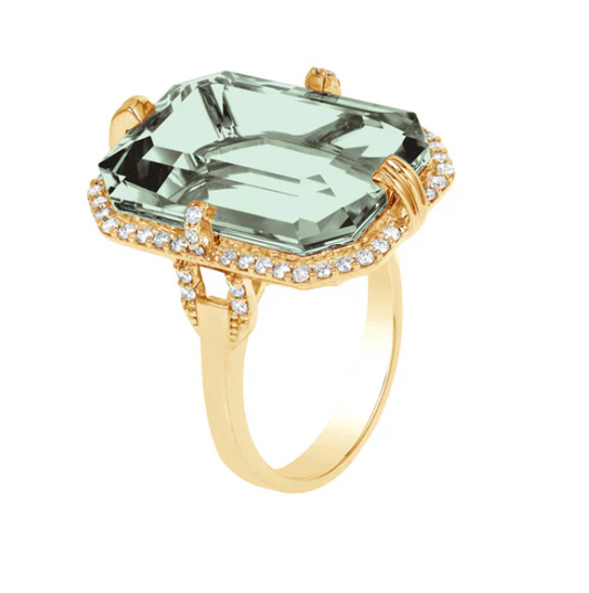 Gossip Emerald Cut Prasiolite and Diamond Ring