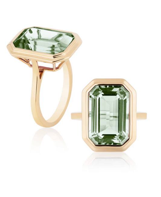 'Manhattan' Prasiolite Emerald Cut Bezel Set Ring