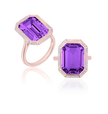 Melange Emerald Cut Amethyst Ring with Pink Opal Inlay