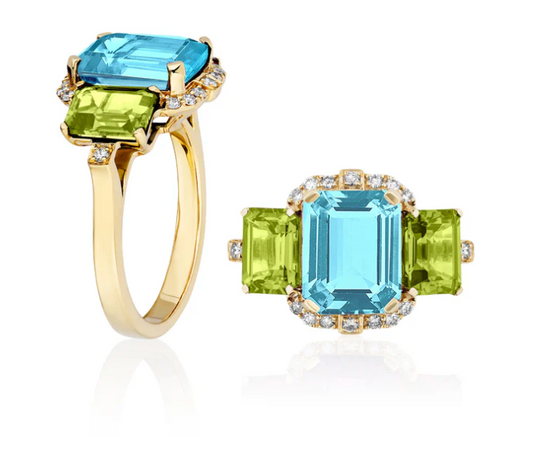 Gossip 3 Stone Emerald Cut Blue Topaz, Peridot and Diamond Ring
