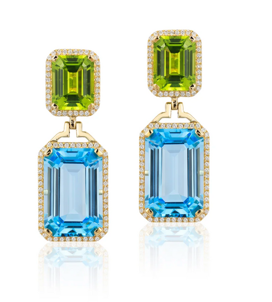 Gossip Emerald Cut Blue Topaz and Peridot Earrings