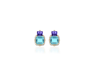 'Gossip' Blue Topaz & Tanzanite 2 Stone Emerald Cut Earrings with Diamond