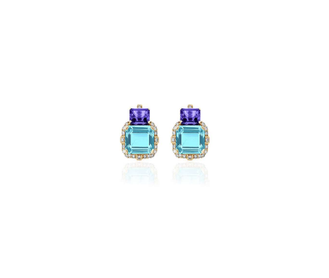 'Gossip' Blue Topaz & Tanzanite 2 Stone Emerald Cut Earrings with Diamond