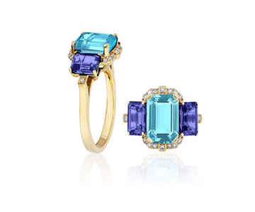 'Gossip' Blue Topaz & Tanzanite 3 Stone Emerald Cut Ring with Diamond