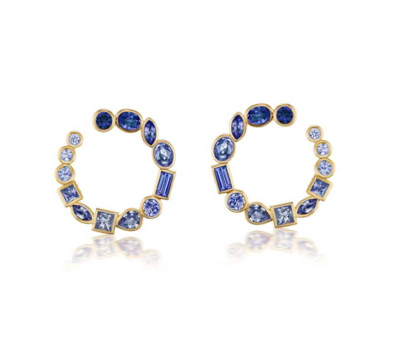 Bezel Crescent Earrings in Blue Sapphires