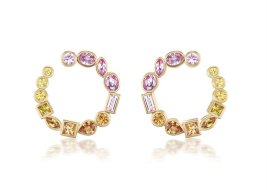 Bezel Crescent Earrings in Pink, Yellow & Orange Sapphire
