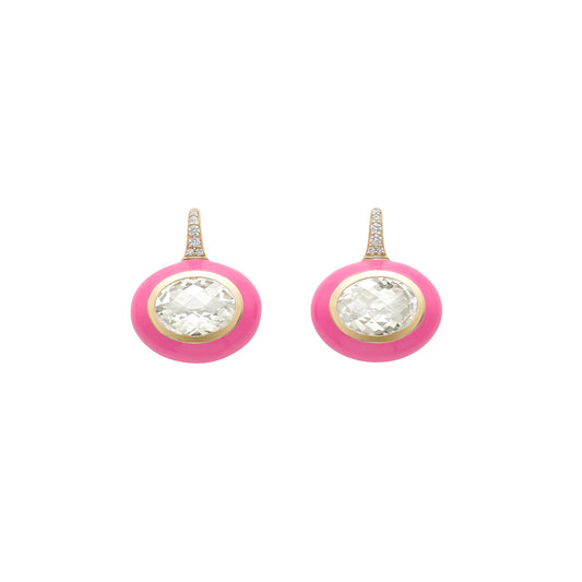 Arena Earrings with Rock Crystal and Diamonds with Pink Enamel