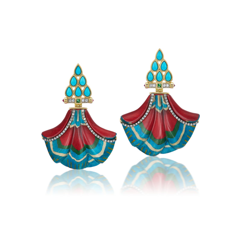 Silk Road Marquetry Earrings with Ruby, Turquoise and Tsavorite