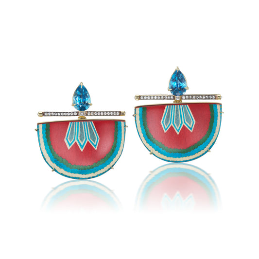 U Shaped Topaz, Diamond and Marquetry Earrings