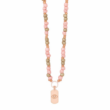 Dusty Pink Beaded Necklace with ID Tag Pendant